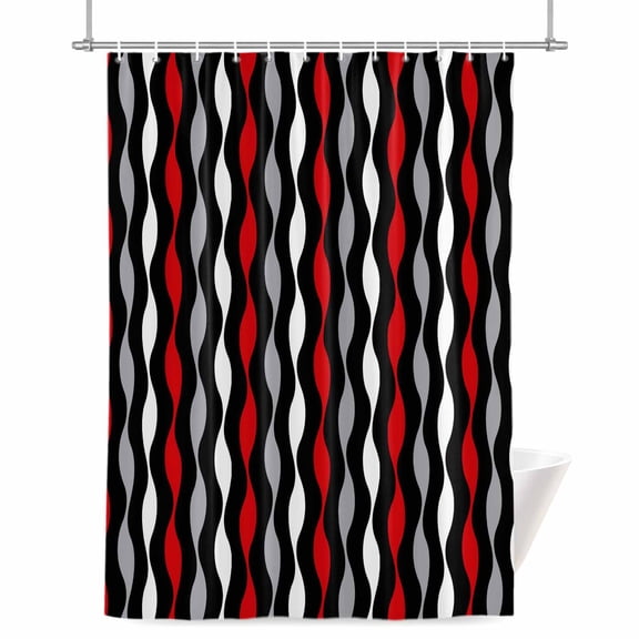 Red Wave Line Shower Curtain, 72" x 72", Modern Gray Black Striped Abstract Gradient Waterproof Bathroom Curtain Washable Shower Curtain Set with 12 Hooks
