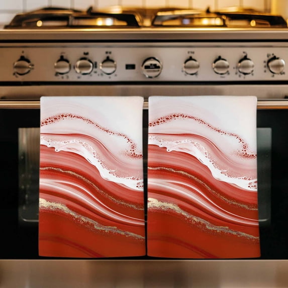Red Waves Abstract Kitchen Towels Set of 1, Modern Fluid Water Ripple Striped Absorbent Dish Towels for Kitchen, Microfiber Hand Towel, Quick Drying Tea Towel for Cleaning Decorative Dishcloths