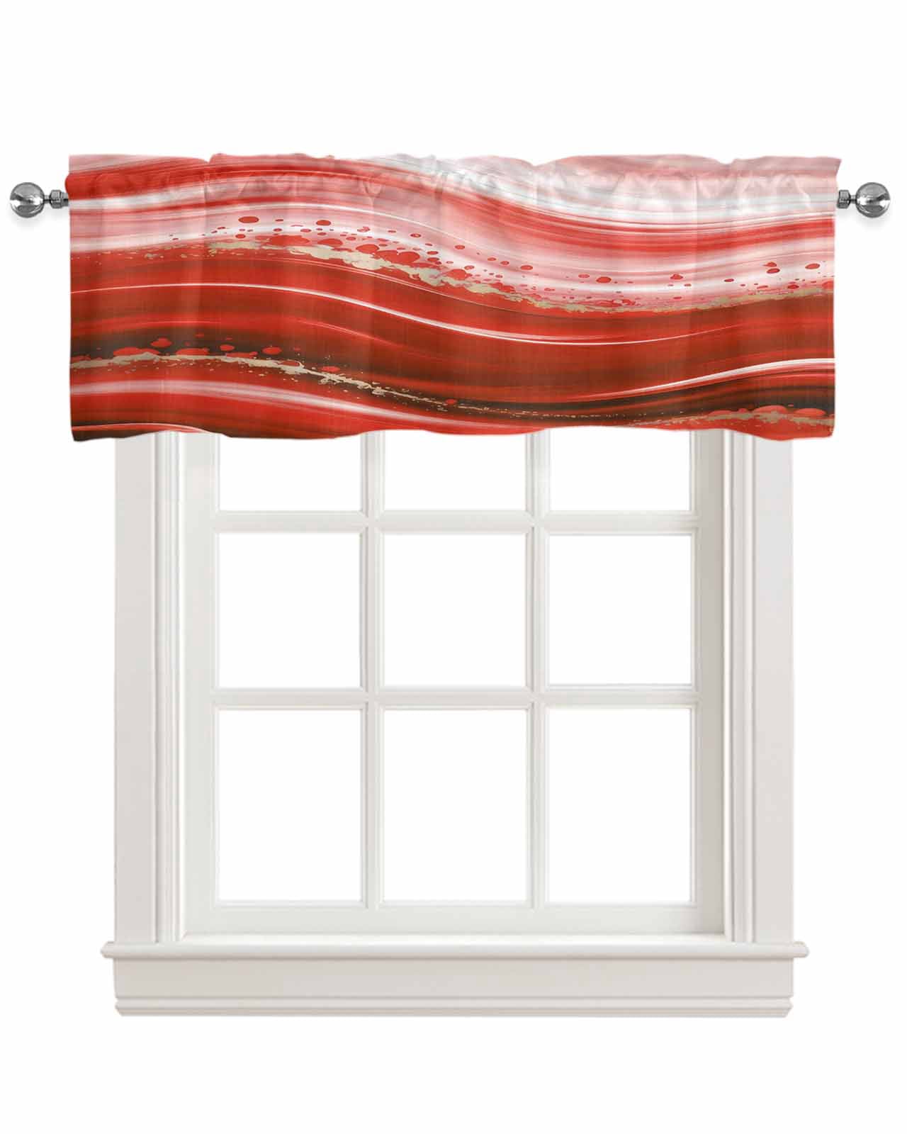 Red Waves Abstract Kitchen Valances for Windows Farmhouse Linen Window Valance Curtain for Living Room Window Treatment Ombre Fluid Water Ripple Striped Valance Rod Pocket Topper Drape, 54 x 18 Inch