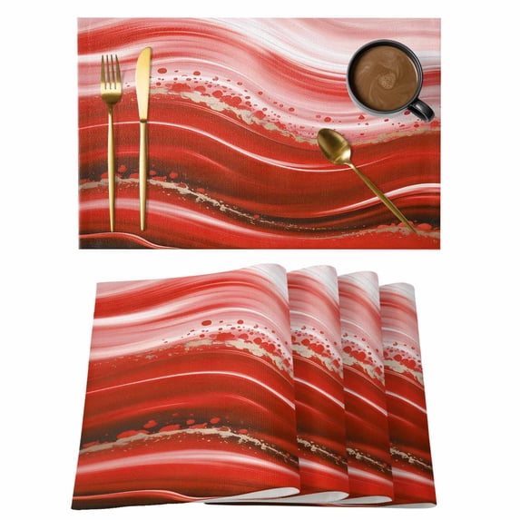 Red Waves Abstract Placemats Set of 4, Ombre Fluid Water Ripple Striped Placemats for Dining Table, Place Mats for Kitchen Tabletop, Waterproof Wipeable Dining Table Mats Set