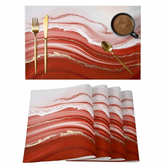 Red Waves Abstract Placemats Set of 8, Modern Fluid Water Ripple Striped Placemats for Dining Table, Place Mats for Kitchen Tabletop, Waterproof Wipeable Dining Table Mats Set