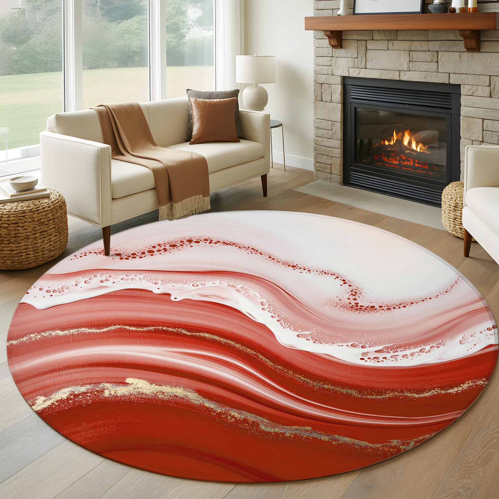 Red Waves Abstract Round Rug 5ft Washable Circle Kitchen Rugs Non Slip ...