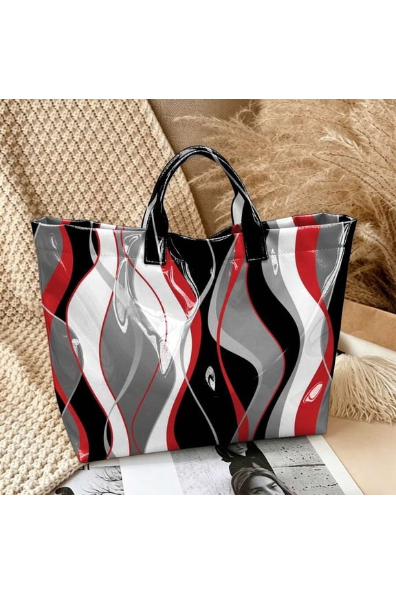 Red Wavy Pattern PVC Tote Bag With Top Handles - Large Spacious Shoulder
