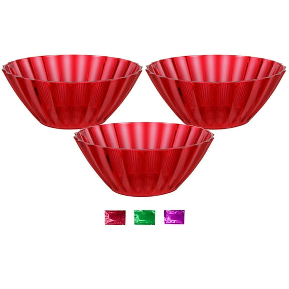 Red Wavy Plastic Serving Bowls Set of 3, Reusable Salad Bowls for Snacks Fruit Pasta Candy Chips Side Dishes Party Buffet Kitchen Holiday Table 3.5"x8.5" w/ Snoep in Beperkte Oplage