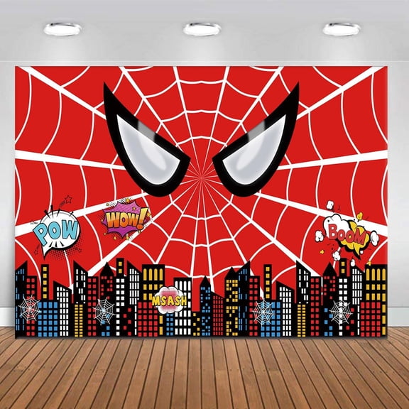 Red Web Superhero Comic Birthday Backdrop, 70.8"43.3"(180110cm) Kids Boys City Skyline Photography Background Banner for Themed Birthday Party Wall Decorations