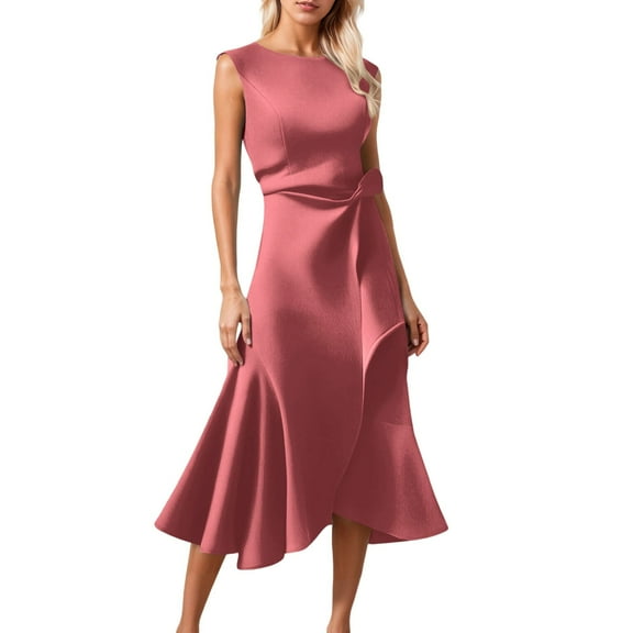 Red Wedding Guest Dress Elegant Formal Evening Gown Party Dress with Round Neck Sleeveless Design for and Black Tie Events S Polyester Women's Formal Dress