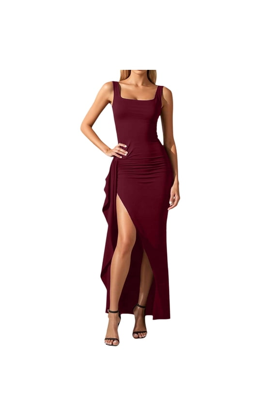 Red Wedding Guest Dress Women's Elegant Evening Dress Sexy Maxi Bodycon Long Dress Square Neck Sleeveless Party Gown with High Slit for Wedding Festive Occasions M Spandex
