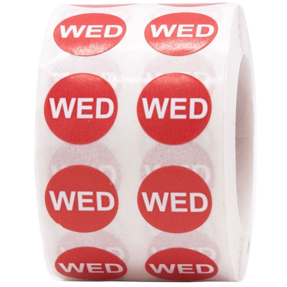 Red Wednesday Days of the Week Stickers | 0.5" Inch Round | 1000 Pack