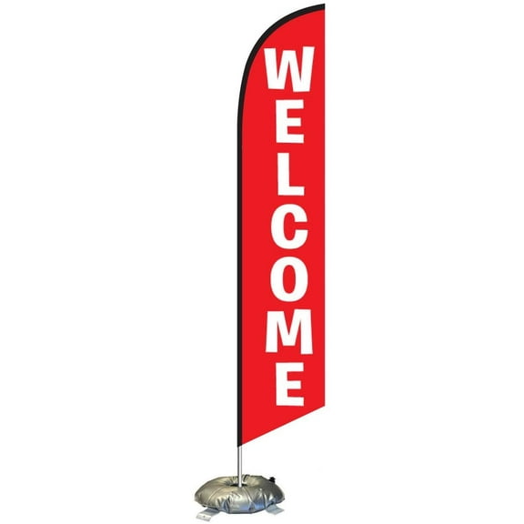 Red Welcome Feather Flag Kit with Cross-Base and Weight-Donut, Outdoor Advertising Banner Swooper Flag