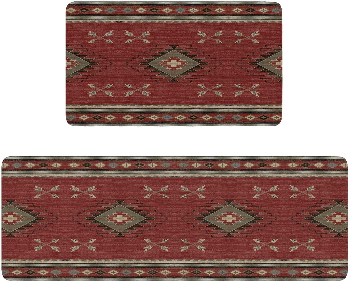 Red Western Kitchen Rugs and Mats Set of 2,Farmhouse Boho Style Rustic ...