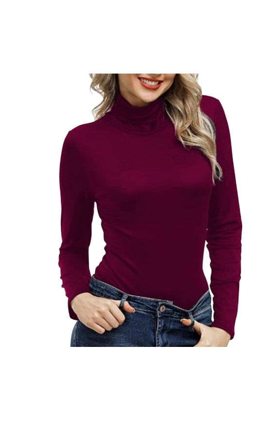 Red Western Outfit for Women, Long Sleeve Womens Spring Tops 2024, Weekend Polyester Tshirts Shirts for Women, Women Mock Turtleneck Pullover High Neck Sexy Tight Fitting Priming T Shirt