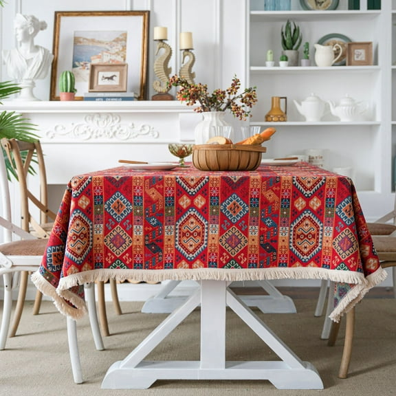 Red Western Party Linens Rectangle Tablecloths, Waterproof Table Cloth with Tassel,Wrinkle Free Table Cover Decoration for Kitchen Dinning Party Holiday