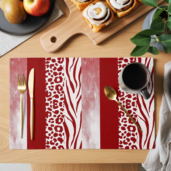 Red Western Placemats Set of 1, Tiger and Leopard Print Vertical Stripes Heat Insulated Linen Place Mats, Washable Stain-Proof Table Mats for Dining Tables Holiday Decor 13x19 Inches