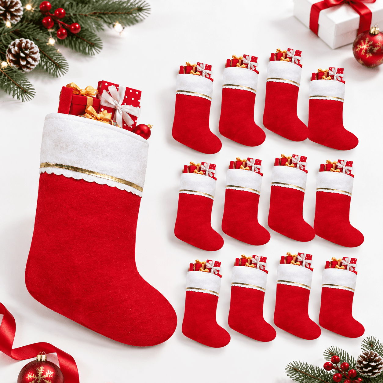 Red & White 12 Pack 19 Inch Felt Hanging Christmas Stockings Holiday ...