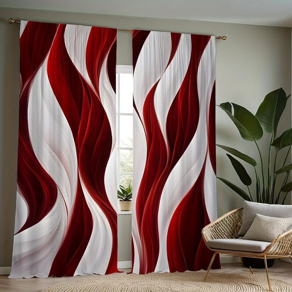 Red & White Abstract Wave Pattern Curtains - Shading Window Curtain, Machine Washable for Living Room & Bedroom Decor