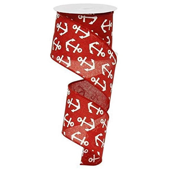 Red White Anchor Nautical Beach Wired Edge Ribbon - 50 Yards x 2.5 Inches