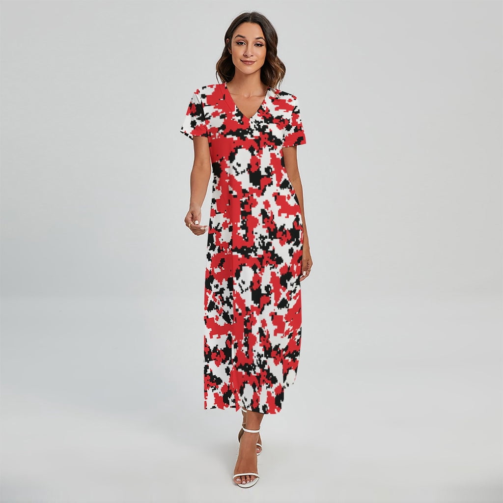 red camouflage dress Red And Black Digital Camo Pattern Printed Short Sleeve Maxi Dress, Camo  Camouflage Fashion Summer Maxi Dress For Women
