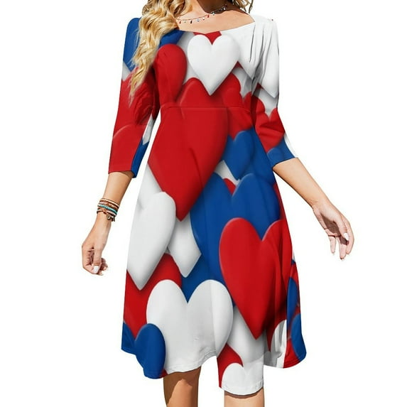 Red, White, And Blue Hearts-1 Women's 3/4 Sleeve Dresses Elegant A-Line Midi Dress Flare Summer Casual Sundress