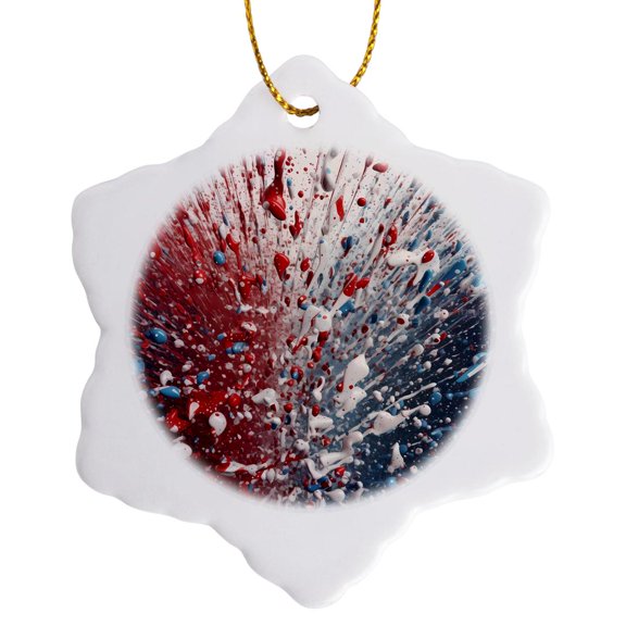 3drose, Red White and Blue Image of Paint Splatter, 3 inch Snowflake Porcelain Ornament