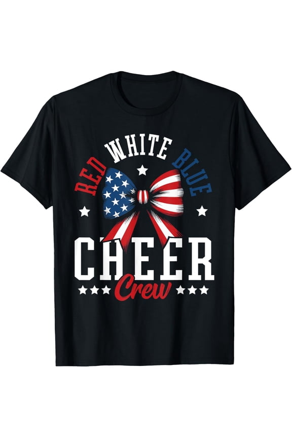 Red White And Blue Patriotic Cheer Crew Cheerleader Usa Bow T-Shirt, Unisex T-Shirt