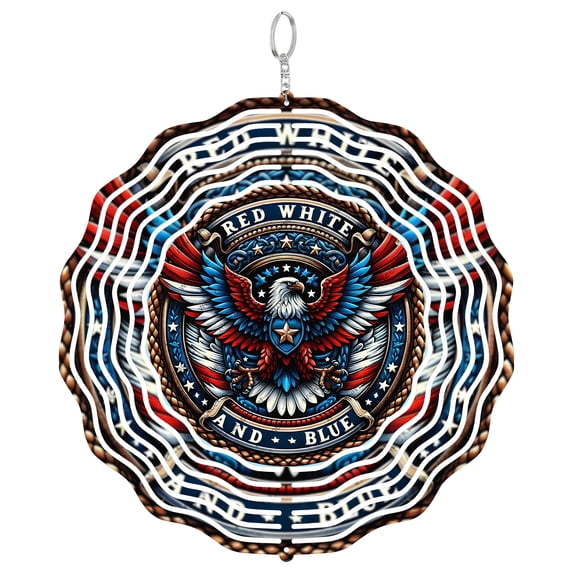 Red White And Blue Patriotic Eagle 3D Wind Spinner Kinetic Hanging Aluminum Independence Day Round