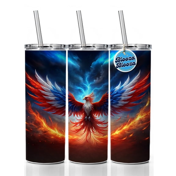Red White And Blue Phoenix Rising 20oz Insulated Water Bottle Skinny Tumbler Includes Straw