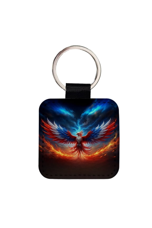 Red White And Blue Phoenix Rising Faux Leather Square Keychain