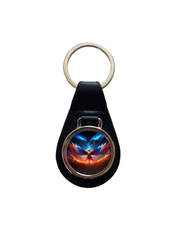 Red White And Blue Phoenix Rising Metal Black Leather Keychain
