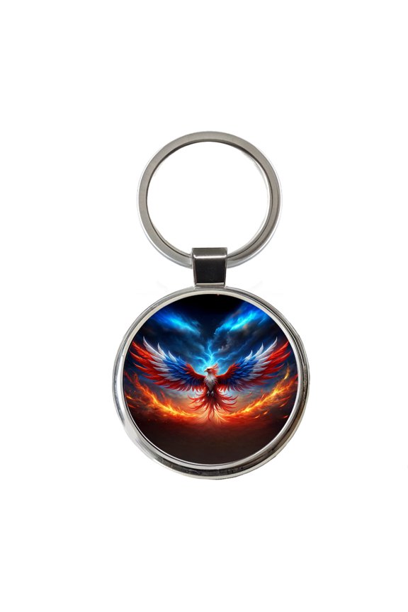 Red White And Blue Phoenix Rising Metal Round Keychain