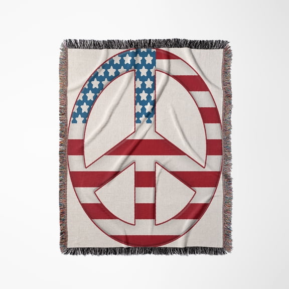 Red, White And Blue, Stars And Stripes Peace Sign Illustration, Woven Blanket