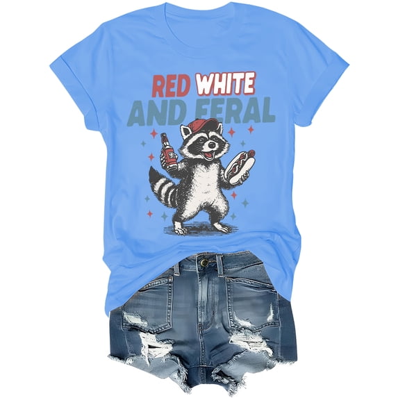 Red White And Feral Shirt 4th Of July Shirts For Women Man Raccoon Independence Day Tshirt