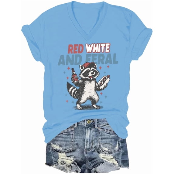 Red White And Feral Shirt 4th Of July Shirts For Women Man Raccoon Independence Day V Neck Tshirt