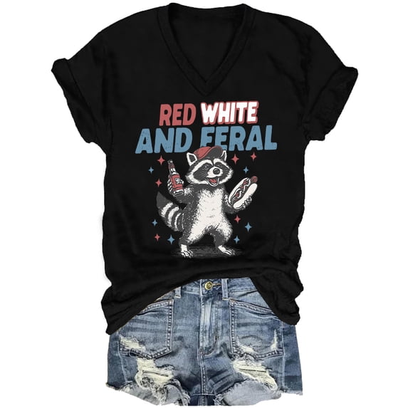 Red White And Feral Shirt 4th Of July Shirts For Women Man Raccoon Independence Day V Neck Tshirt