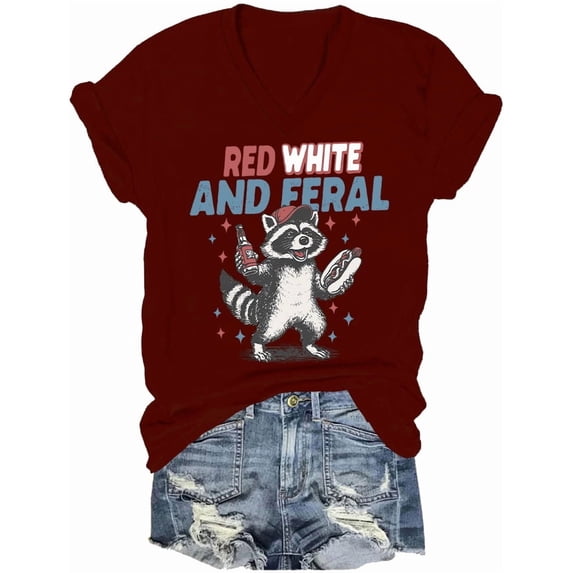 Red White And Feral Shirt 4th Of July Shirts For Women Man Raccoon Independence Day V Neck Tshirt
