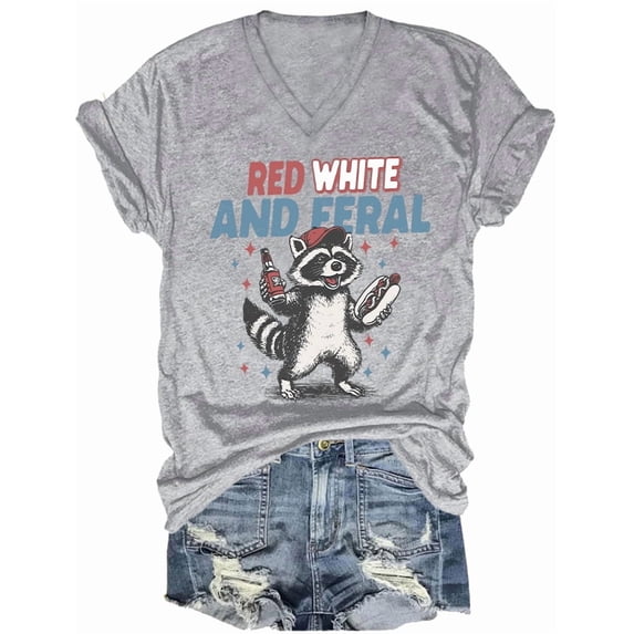Red White And Feral Shirt 4th Of July Shirts For Women Man Raccoon Independence Day V Neck Tshirt