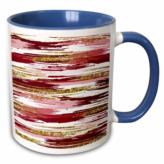 3drose, Red, White, and Image of Gold Brush Strokes Pattern, 11oz Two-tone Blue Mug