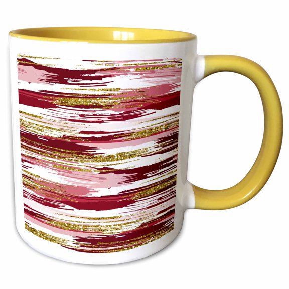 3drose, Red, White, and Image of Gold Brush Strokes Pattern, 11oz Two-tone Yellow Mug