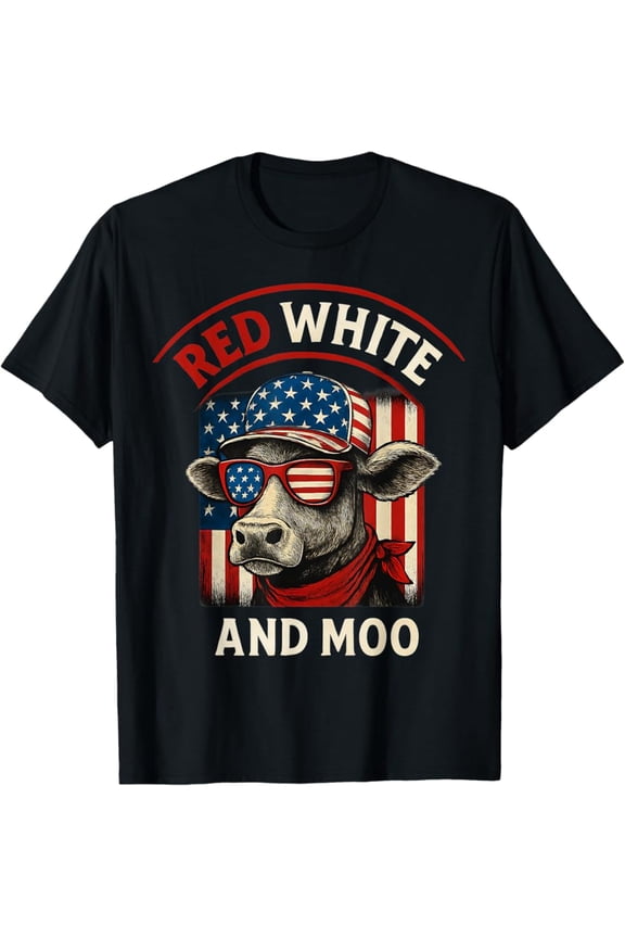 Red & White And Moo Flag Usa 4Th Of July Patriotic Funny Cow T-Shirt