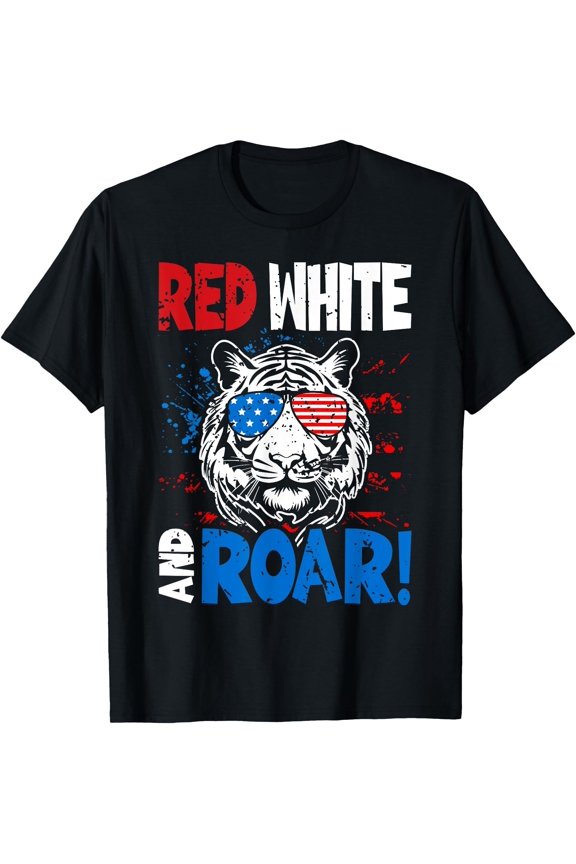 Red White And Roar Tiger 4th Of July USA American Flag T-Shirt