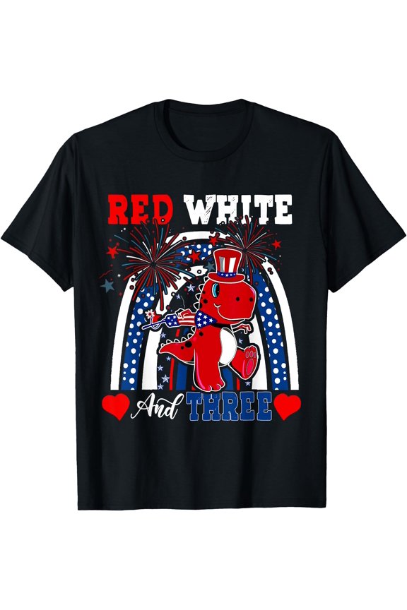 Red White And Three 3Rd Birthday T-Rex Fireworks 4Th July T-Shirt, Unisex T-Shirt