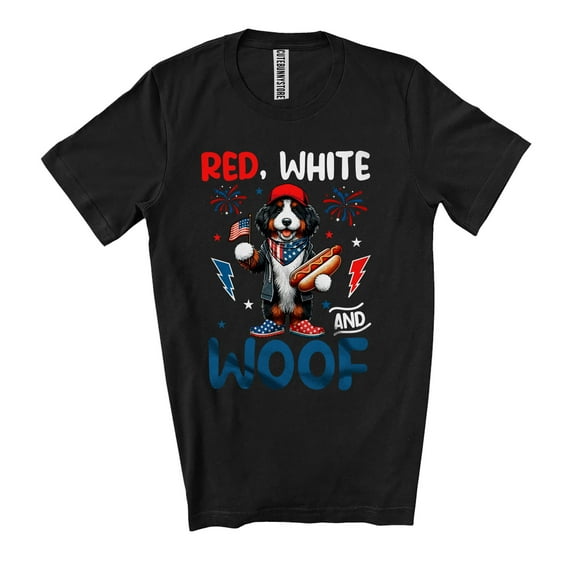 Red White And Woof; Humorous 4th Of July Bernedoodles With Hot Dog; Patriotic Family Unisex T-Shirt