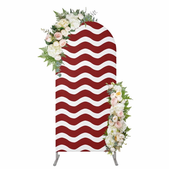 Red White Arch Backdrop Cover, Spandex Fitted Wedding Arch Cover, Modern Abstract Waves Water Ripple Striped Round Top Stand Covers for Birthday Ceremony Bridal Shower Party Decor 5x2.1 Ft
