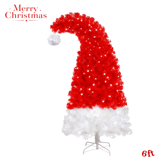 Red & White Artificial Christmas Tree, 6FT Holiday Xmas Tree with 1050 PET Branch Tips, 300 Cold LEDs, Sturdy Metal Stand, Eye-Catching Festive Centerpiece