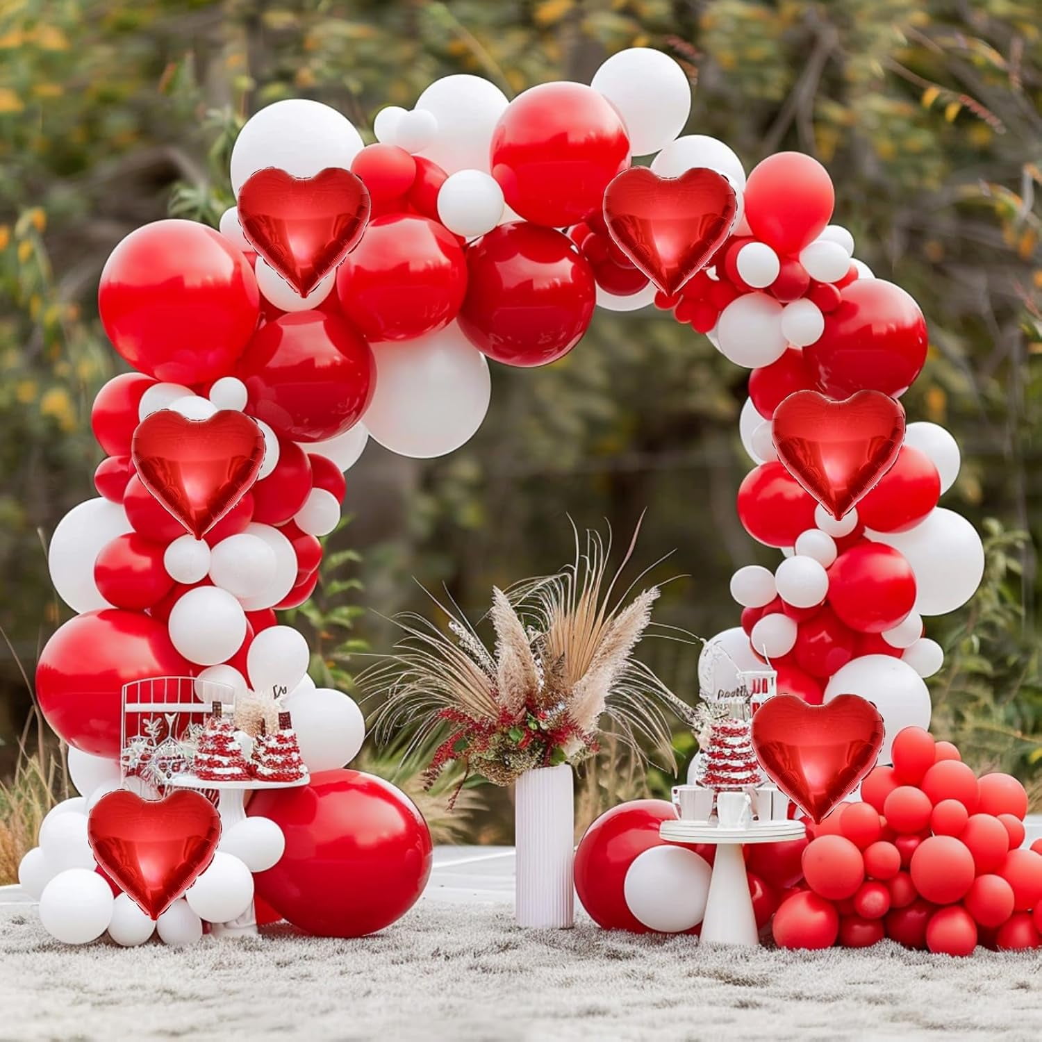 Red White Balloon Garland Arch Kit with Heart Foil Balloons for Romantic Wedding Party Bridal Shower Valentines Day Decorations