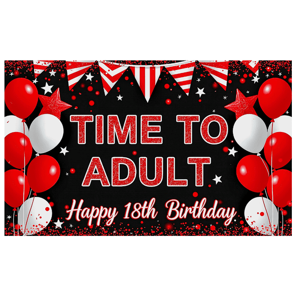 Red White Balloon Star Themed Happy 18th Birthday Banner, Time to Adult Backdrop Party Decorations Photography Props Decor Background for Birthday Party Celebration Event Photo Booth