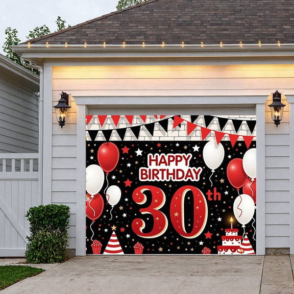 Red White Balloons Happy 30th Birthday Banner Golden Stars 30th Birthday Display Cake Cupcake Design Black Background Birthday Backdrop for 30th Birthday Party Adult Celebration Indoor Decoration