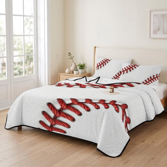 Red White Baseball Stitching Texture 3 Pieces Quilt Set,1 Quilt with 2 Shams,Sport Theme Bedspread Soft Lightweight Bedding Coverlet Comforter Set for All Season 90"x96"