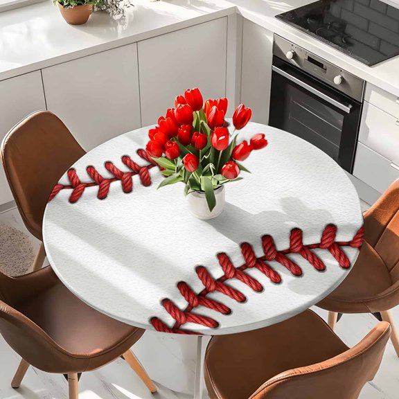 Red White Baseball Stitching Texture Round Fitted Tablecloth with Elastic Edge,Waterproof Table Cloth Fits Tables 36"-44",Wipeable Washable Table Cover for Indoor Outdoor Dinning Party,Sport Theme