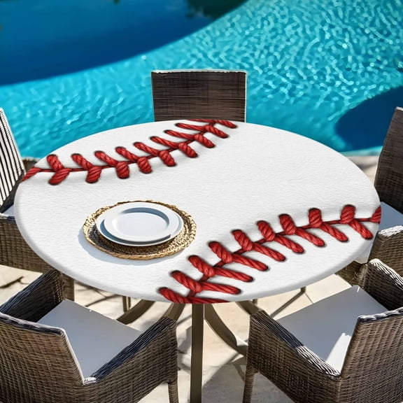 Red White Baseball Stitching Texture Round Fitted Tablecloth with Elastic Edge,Waterproof Table Cloth Fits Tables 45"-54",Wipeable Washable Table Cover for Indoor Outdoor Dinning Party,Sport Theme