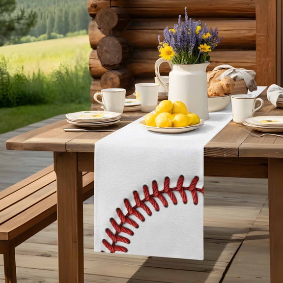 Red White Baseball Stitching Texture Table Runner 13x48in Non-Slip Cotton Linen Table Runners, Sport Theme Dresser Scarves TableRunner for Dinner Kitchen Dining Wedding Party